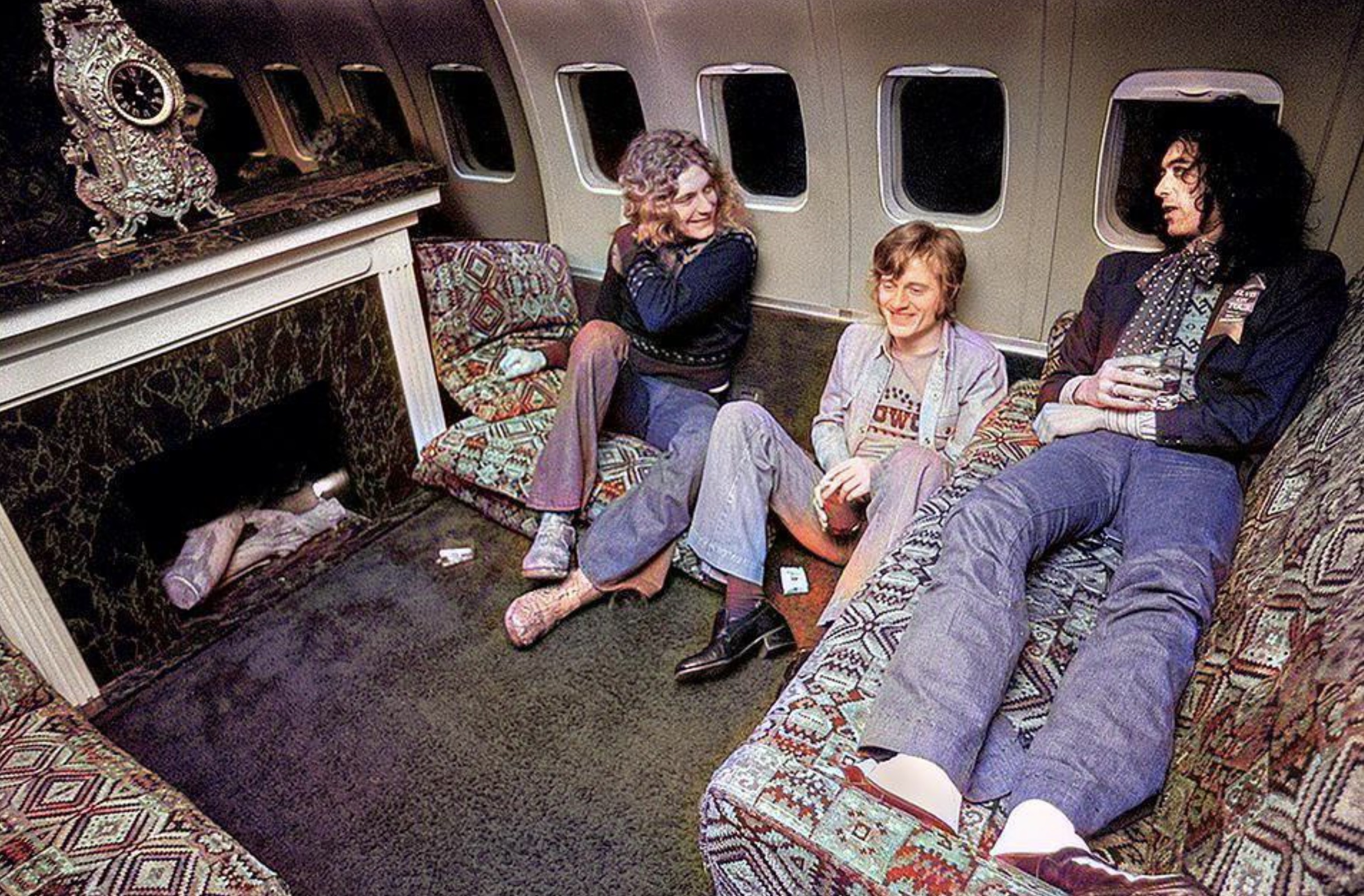 Led Zeppelin aboard ‘The Starship’, a private passenger jet, during their North America tour, 30th July 1973. 